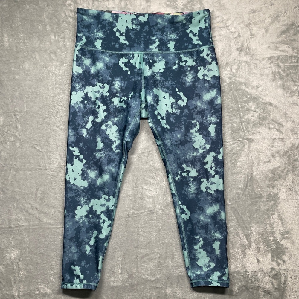 Marika Leggings Womens 1X Blue Teal Abstract High Rise Active Floral Waistband